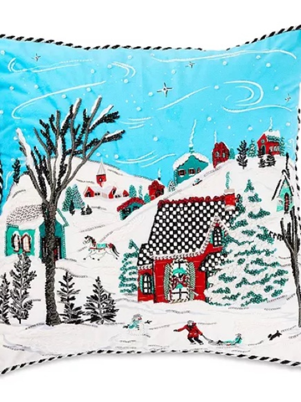 NWT MacKenzie Childs Holiday Winter Alpine Village Scene Pillow, 20 x 20 Embroid